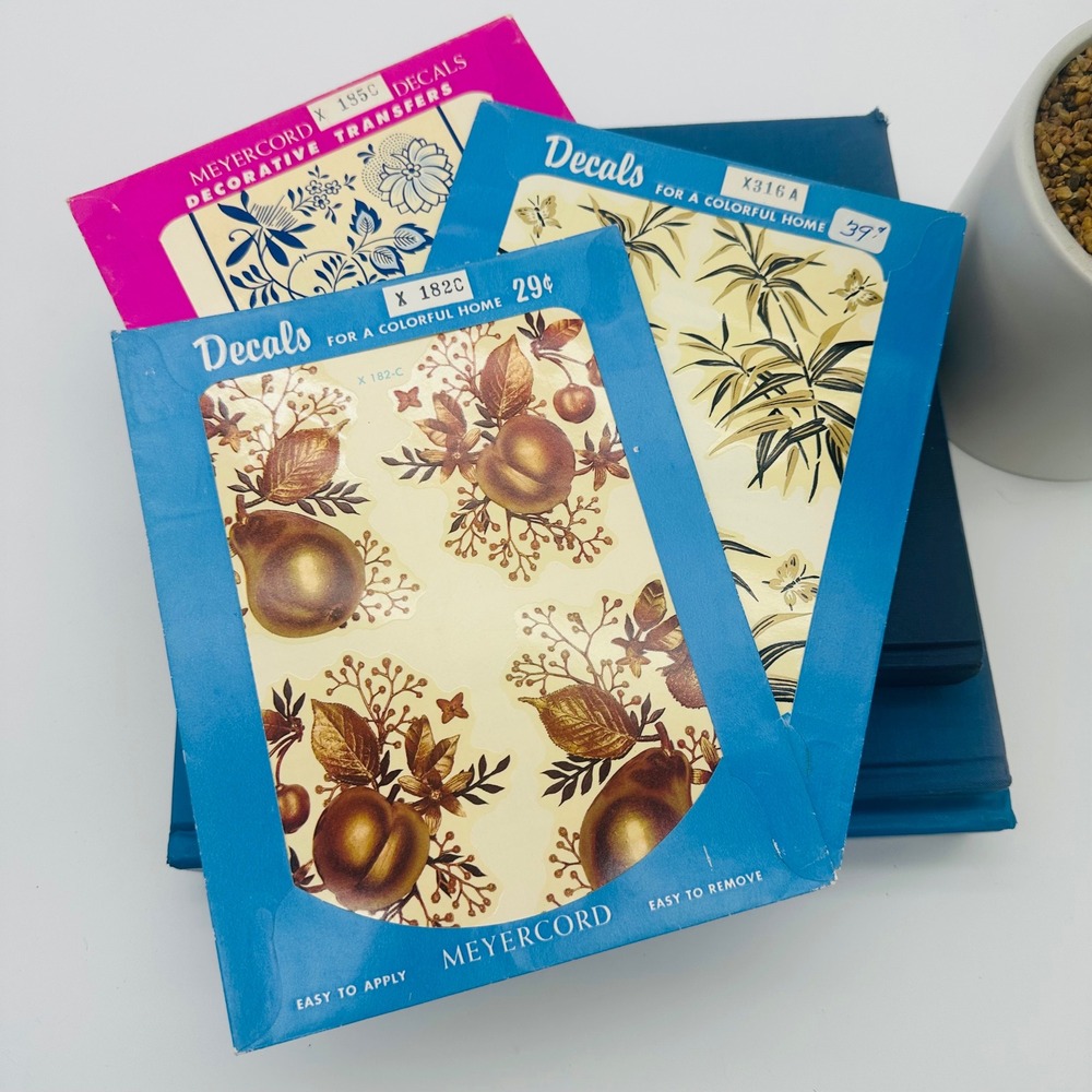 Meyercord Vintage Decals Decorative Transfers Fruit Floral Blue White 3 Pack NOS